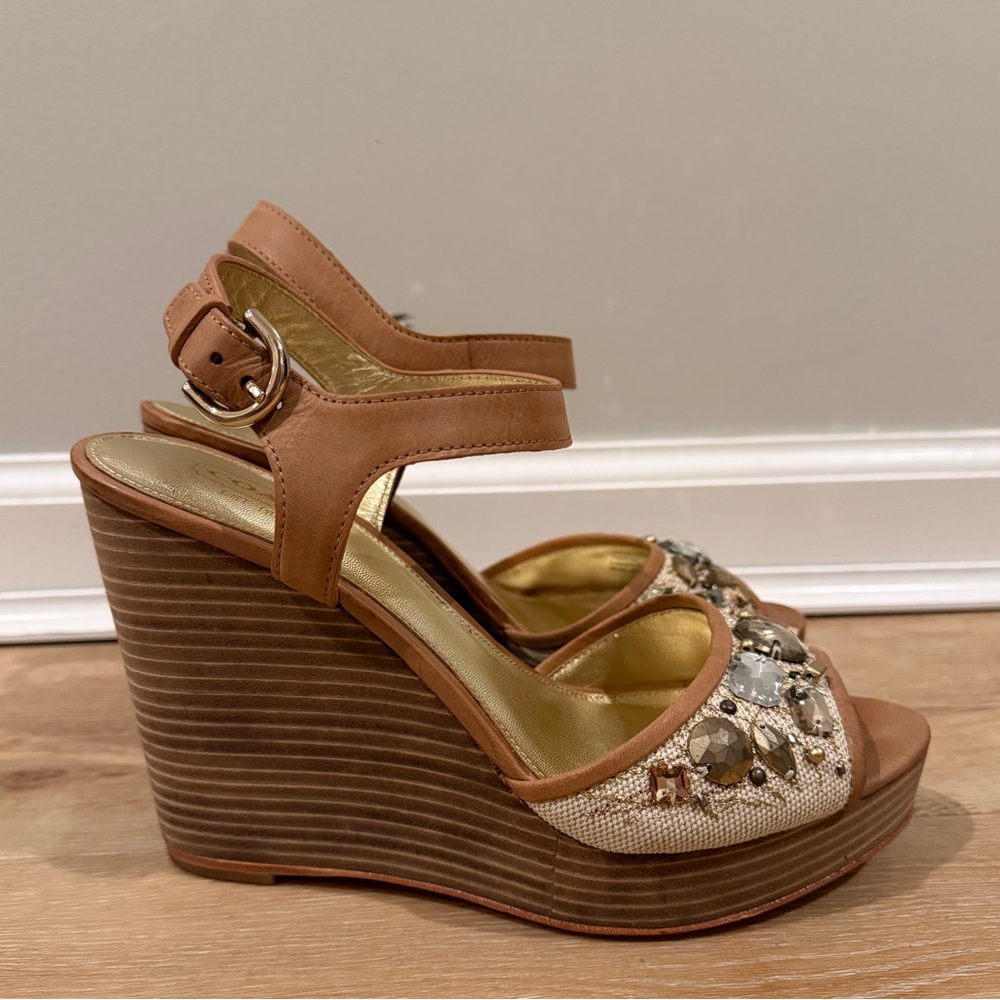 Coach Hanson Y2K Jeweled Platform Wedge Sandals in tan and gold canvas size 7.5 - Picture 3 of 10